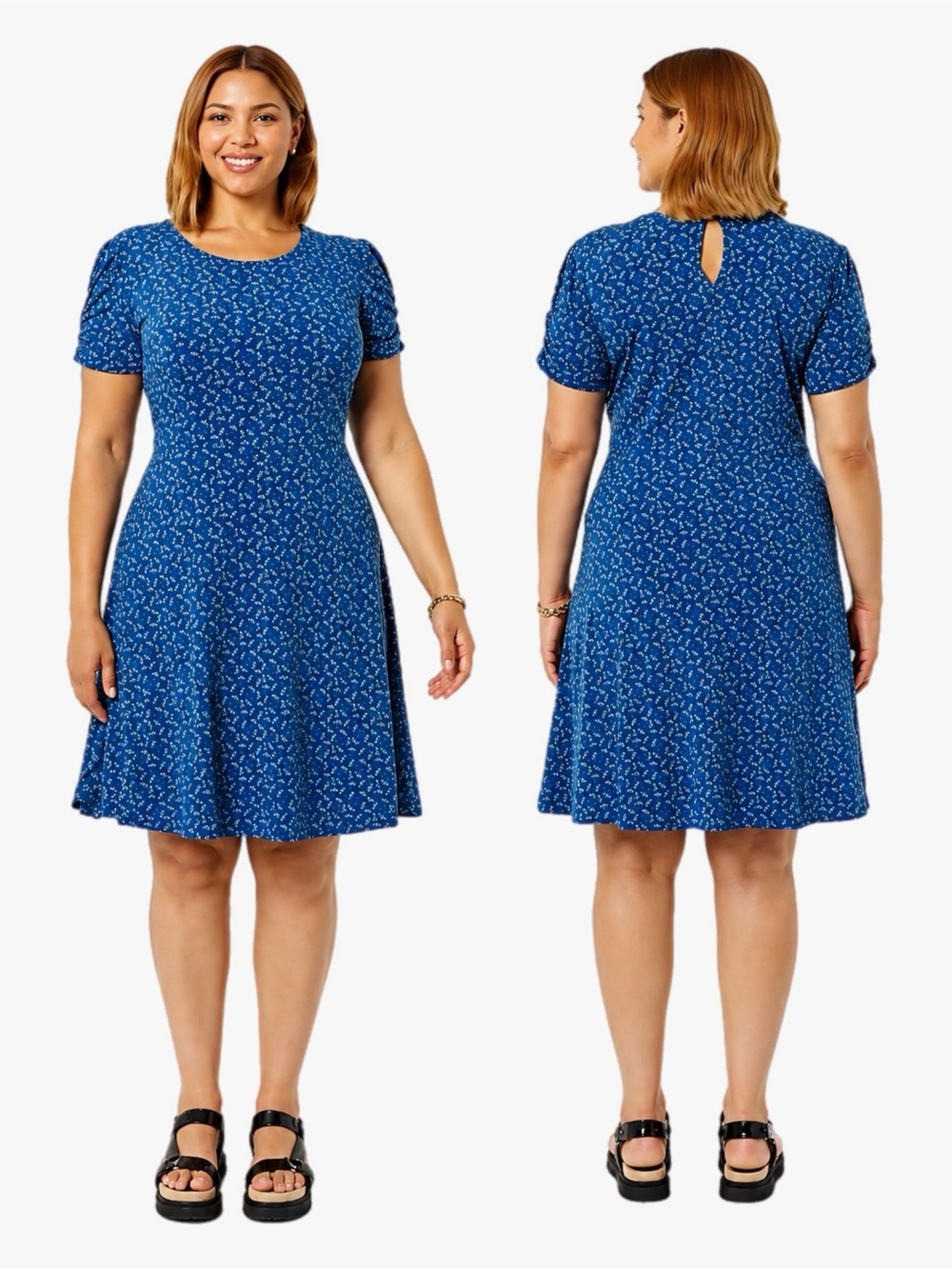 NWT Amazon Essentials Women’s XL Blue Floral Fit & Flare Dress Casual Midi